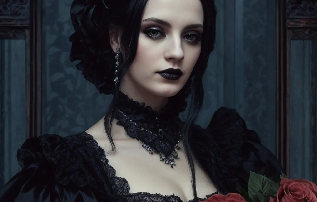 Photo wallpaper girl, roses, brunette, black dress, hotesse, AI art, neural network