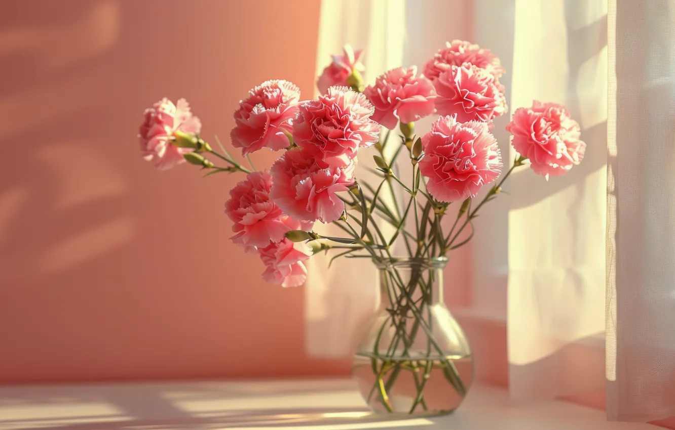 Photo wallpaper light, flowers, wall, bouquet, window, curtains, vase, sill