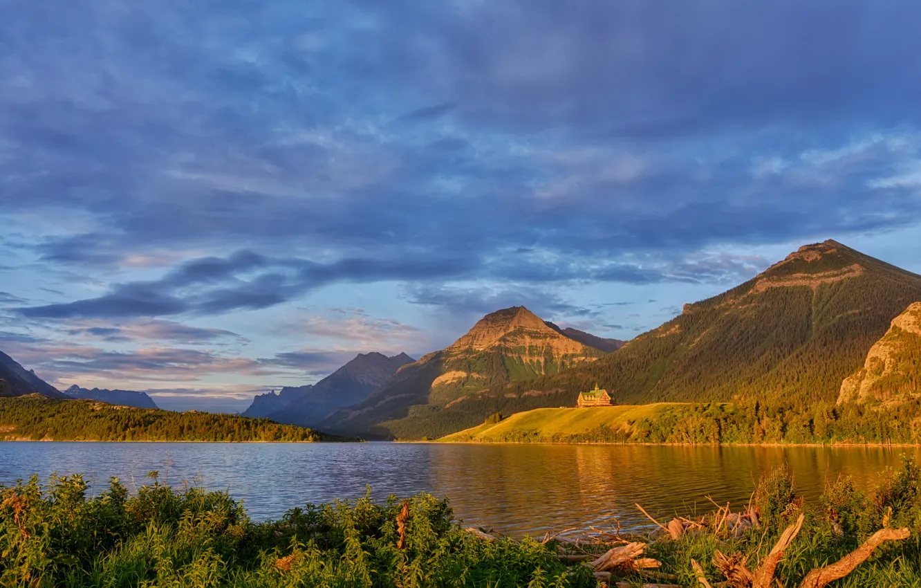 Photo wallpaper forest, the sky, the sun, clouds, trees, mountains, lake, Canada