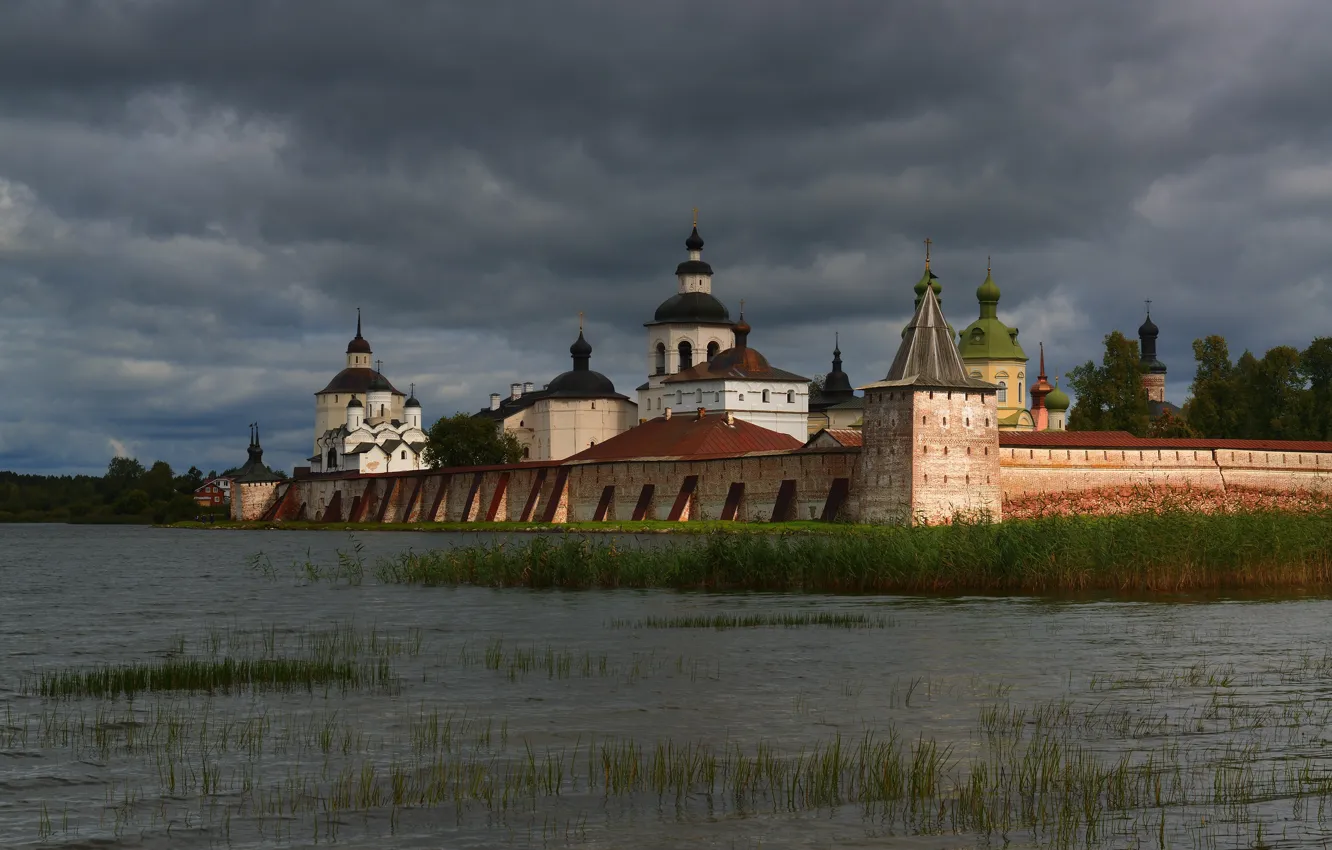 Photo wallpaper grass, landscape, clouds, the city, lake, temple, the monastery, dome