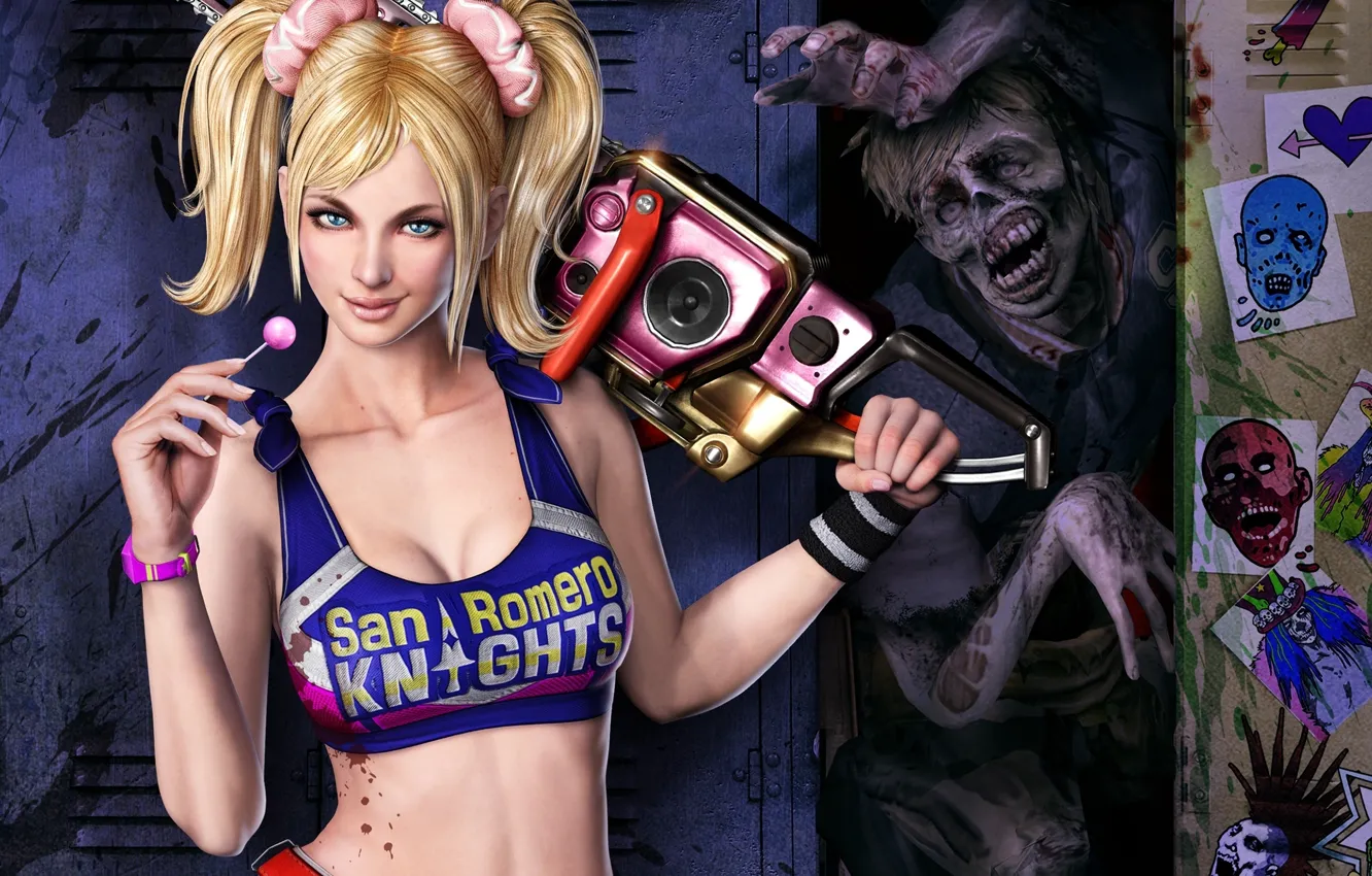 Photo wallpaper girl, blood, figure, zombies, lollipops, chainsaw, locker, Lollipop Chainsaw