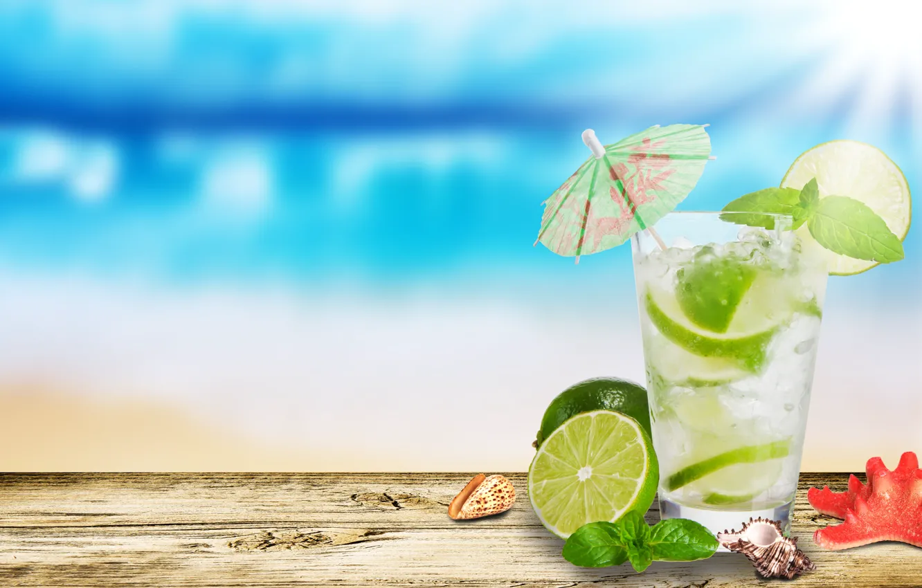 Photo wallpaper glass, umbrella, lime, shell, starfish, Mojito