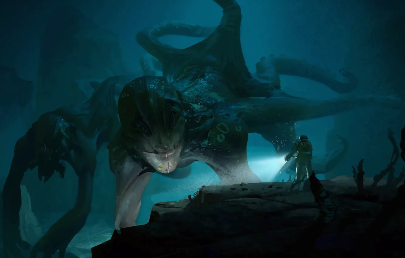 Photo wallpaper monster, the diver, octopus, the depths of the sea