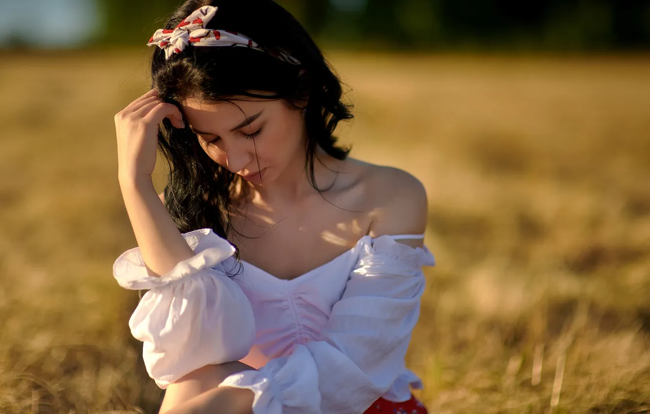 Photo wallpaper girl, grass, field, nature, barefoot, model, brunette, White Blouse