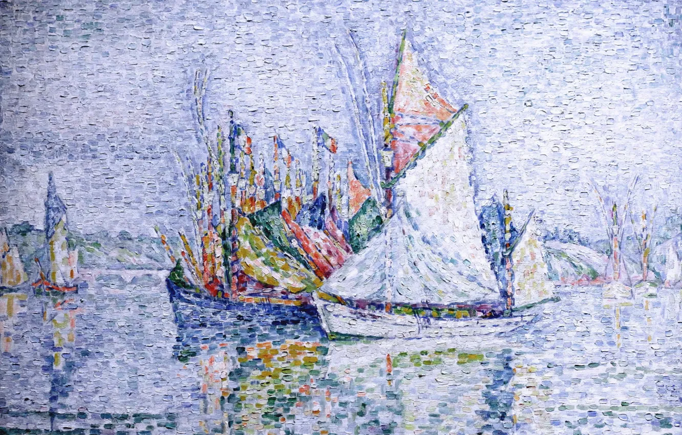 Photo wallpaper boat, picture, sail, Paul Signac, pointillism, Concarneau. Port