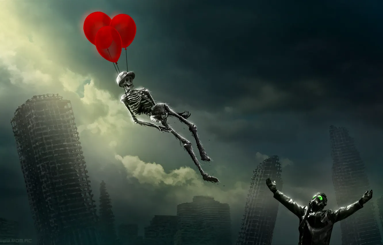 Photo wallpaper skyscrapers, skeleton, pilot, balloons, romance of the Apocalypse, romantically apocalyptic, pilot