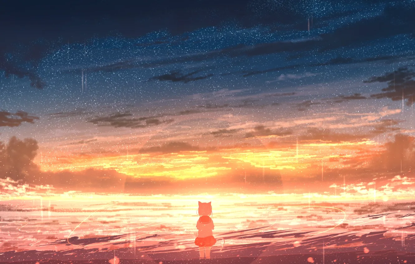 Photo wallpaper sea, cat, the sky, sunset, girl, Rune Xiao