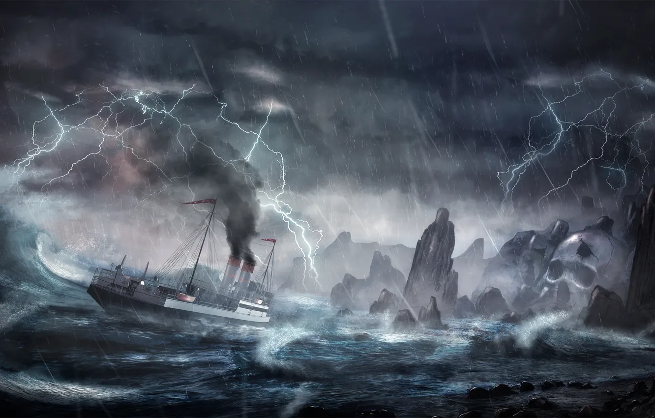 Photo wallpaper wave, storm, rocks, lightning, ship, island, storm, disaster