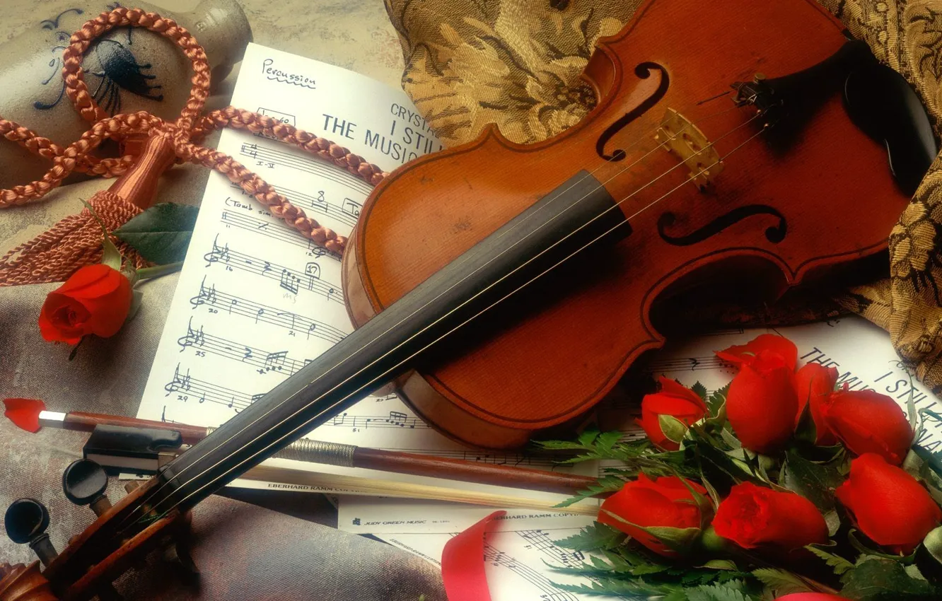Photo wallpaper Rose, Violin, Notes