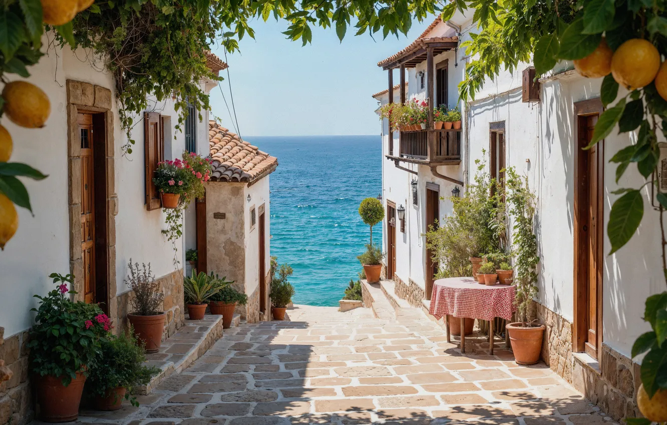 Photo wallpaper sea, the sun, home, summer, house, sunshine, vacation, flowering