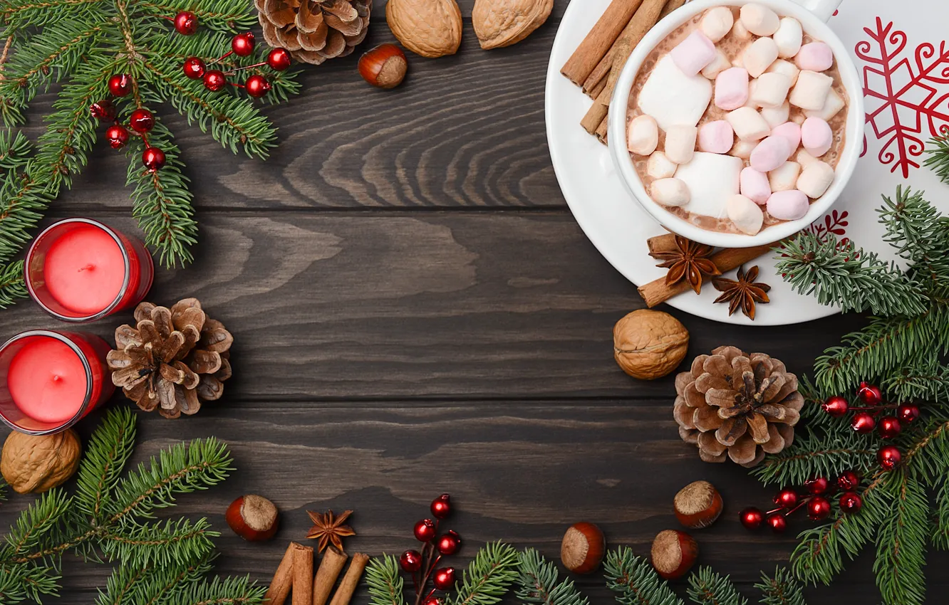 Photo wallpaper decoration, balls, new year, Christmas, mug, Christmas, balls, wood