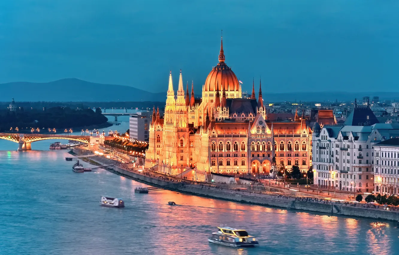 Photo wallpaper the city, river, building, home, lighting, Parliament, twilight, Hungary