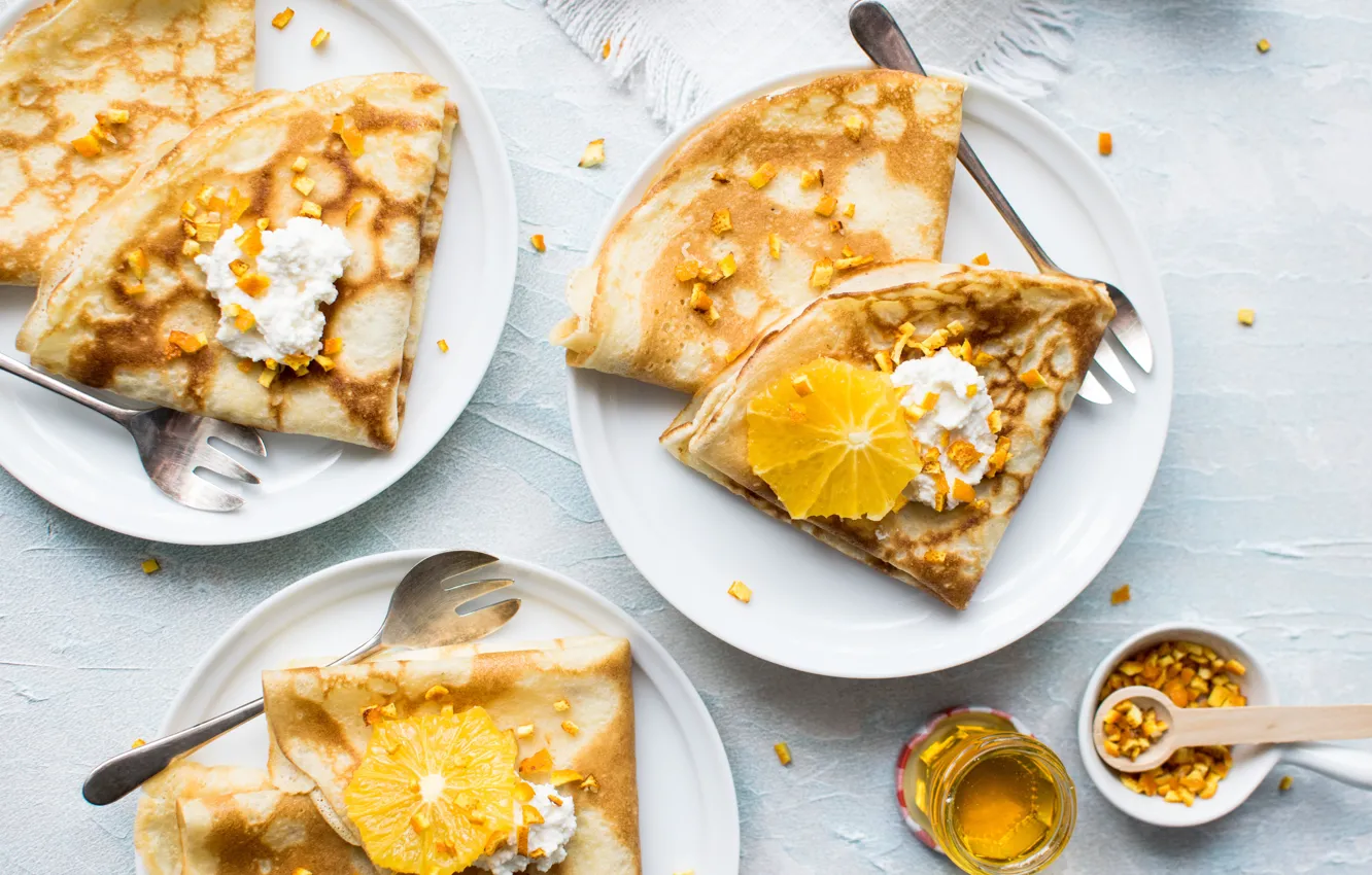 Photo wallpaper orange, honey, pancakes, cakes, slices, sour cream, peel
