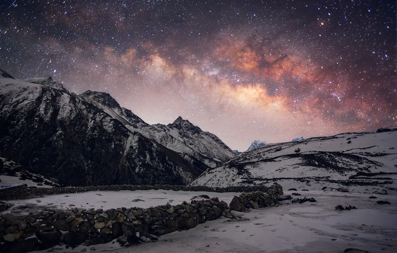 Photo wallpaper the sky, stars, snow, mountains, night, tops, Winter, the milky way