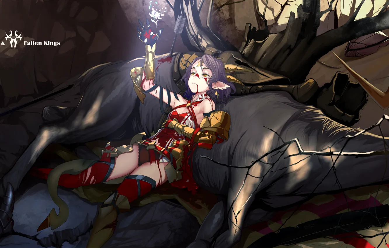 Photo wallpaper girl, animal, blood, anime, deer, art, horns, arrows