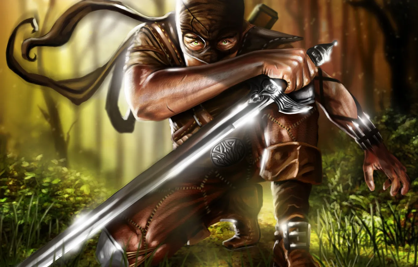 Photo wallpaper forest, weapons, sword, mask, art, male, the reflection, blade