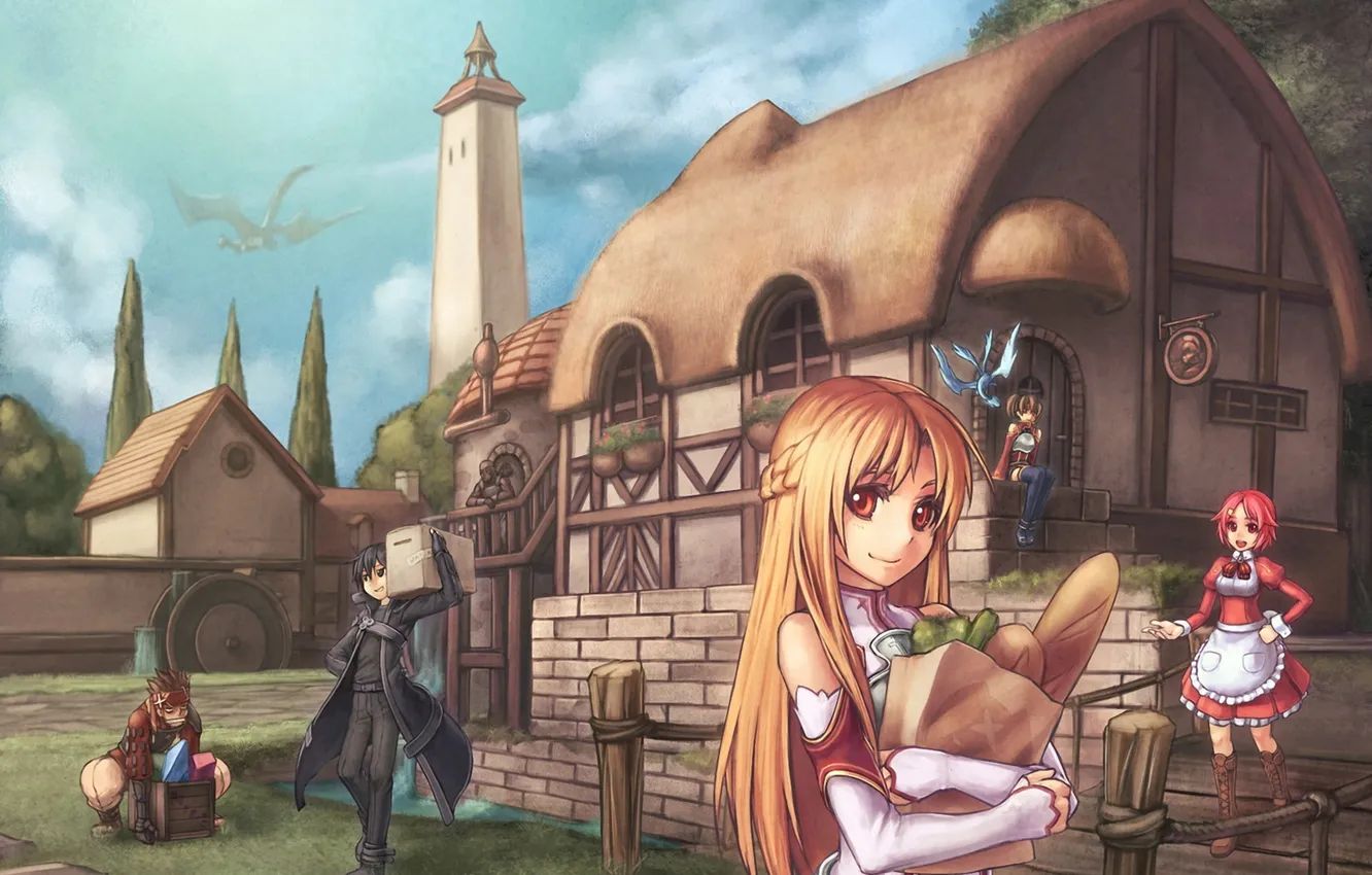 Photo wallpaper girl, dragon, home, art, guy, town, sword art online, Kirigaya Kazuto