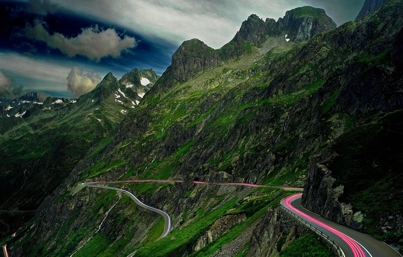 Photo wallpaper road, clouds, mountains, serpentine