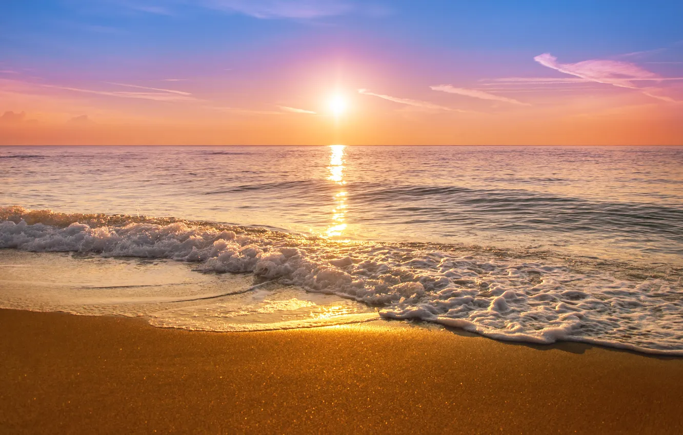 Photo wallpaper sea, sunset, beach, sea, sunset, sand, wave