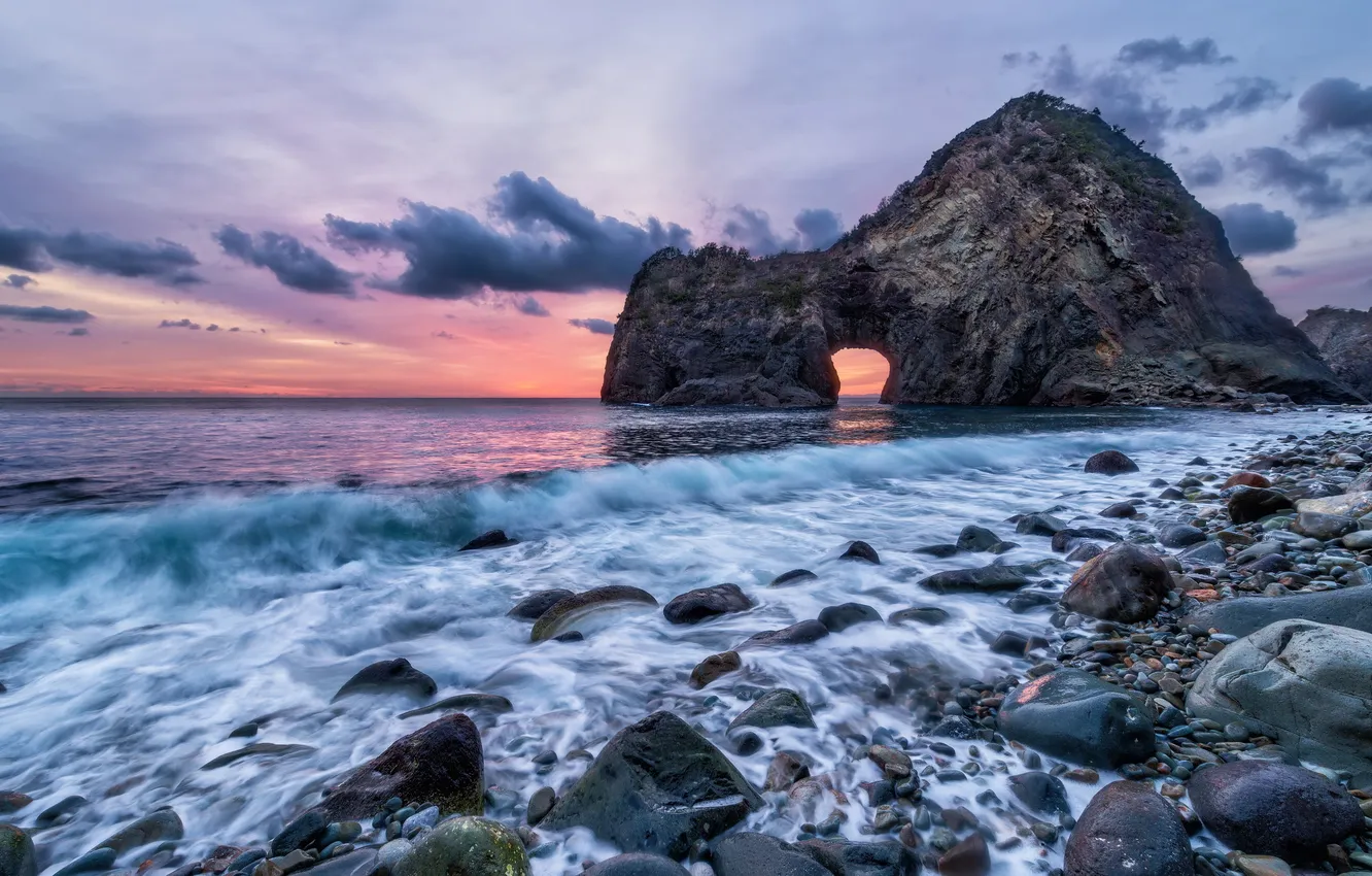 Photo wallpaper sea, landscape, sunset, rocks
