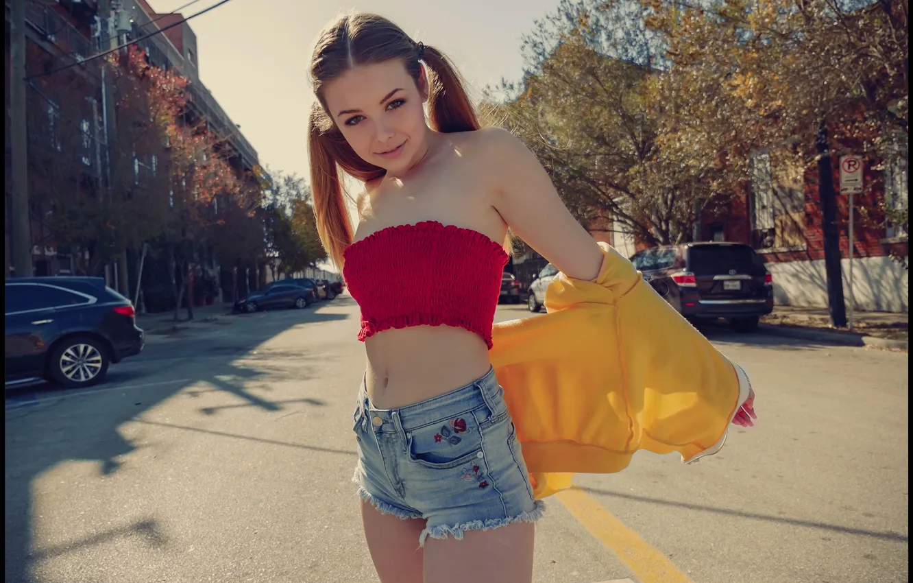 Photo wallpaper girl, shorts, pretty, cute, long-haired, tank top, ponytails