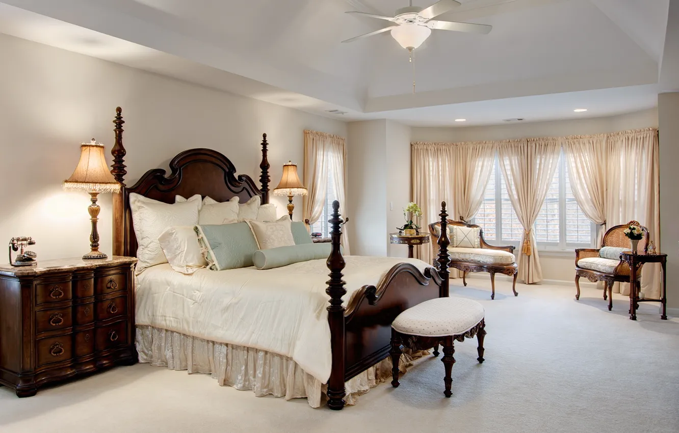 Photo wallpaper white, design, room, bed, interior, the ceiling, chandelier, bedroom