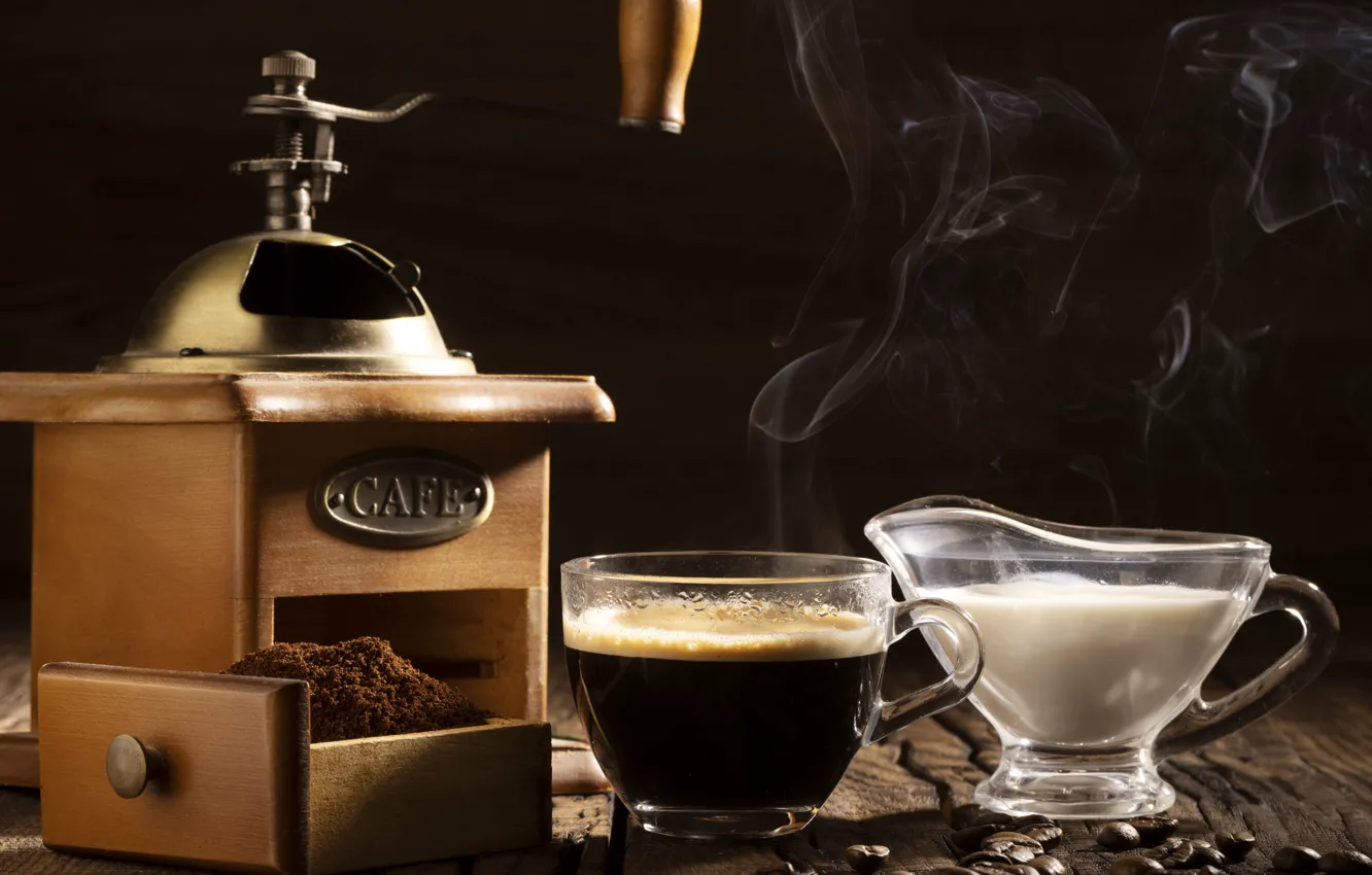 Photo wallpaper pair, the dark background, mug, Cup, milk, coffee, hot, Board