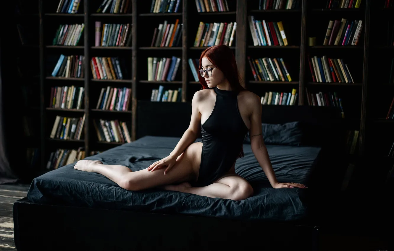 Photo wallpaper girl, pose, bed, hands, glasses, bed, red, legs