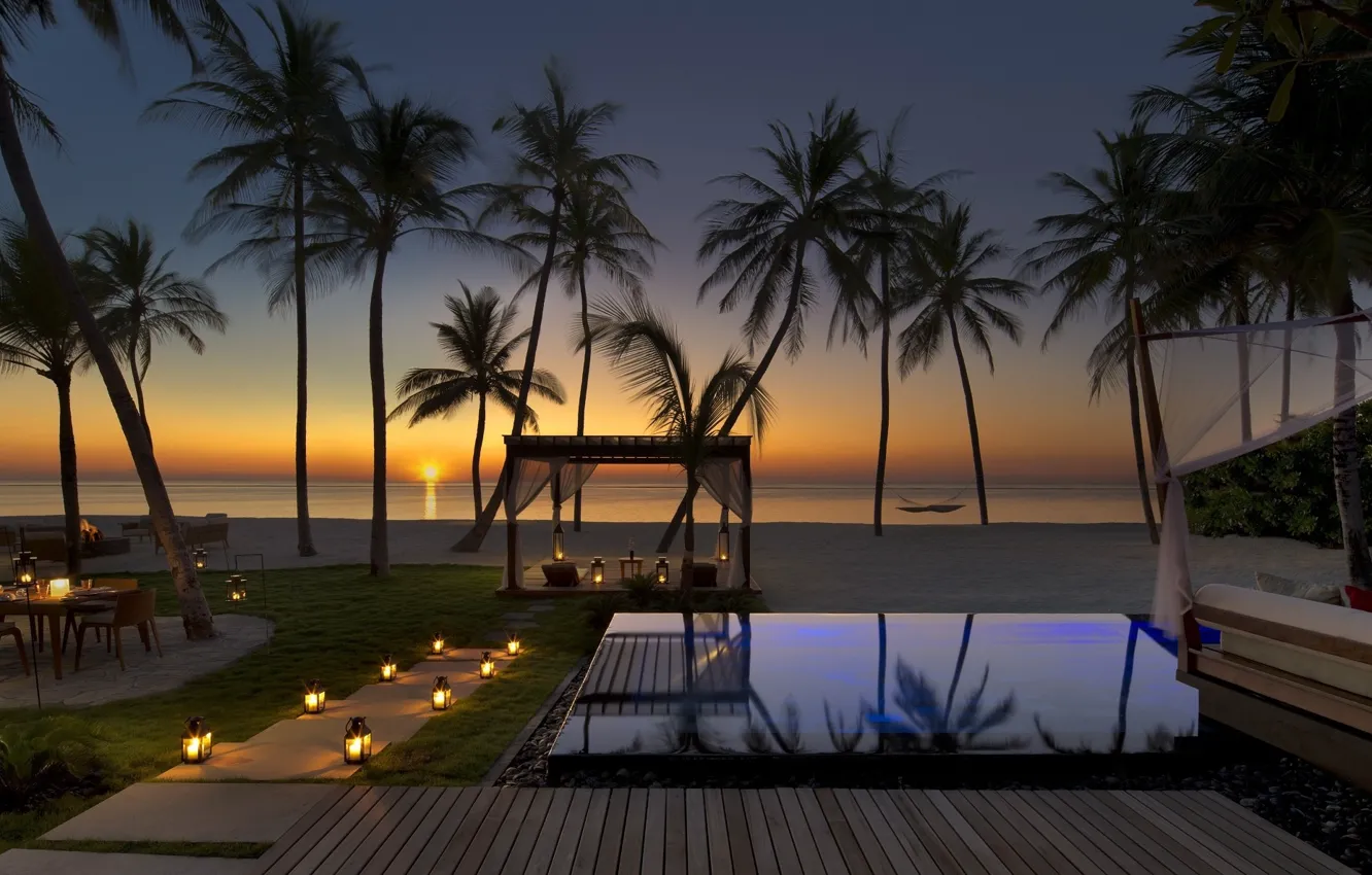 Photo wallpaper beach, sunset, palm trees, silence, the evening, pool, Maldives, Reethi Rah