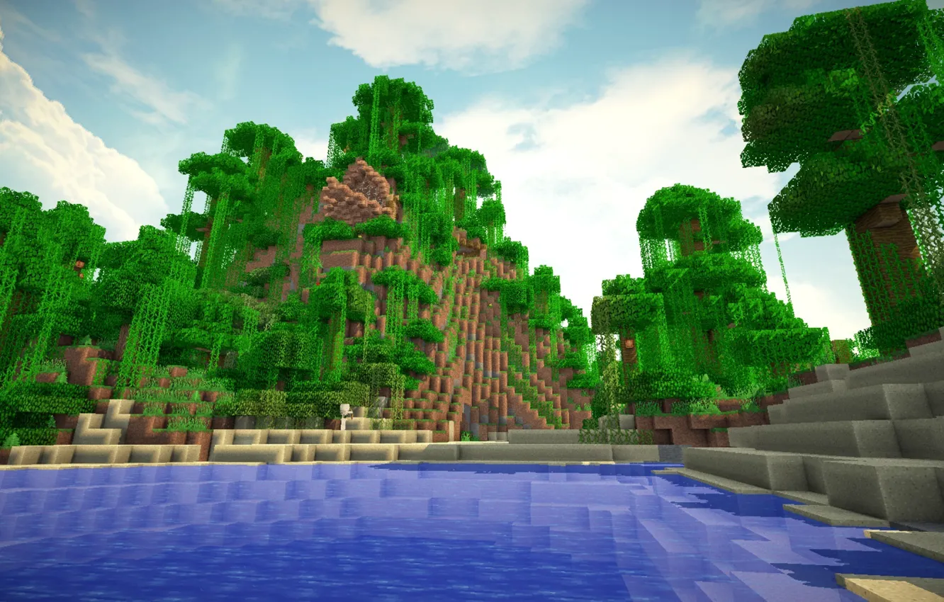 Photo wallpaper water, trees, mountains, minecraft, vines