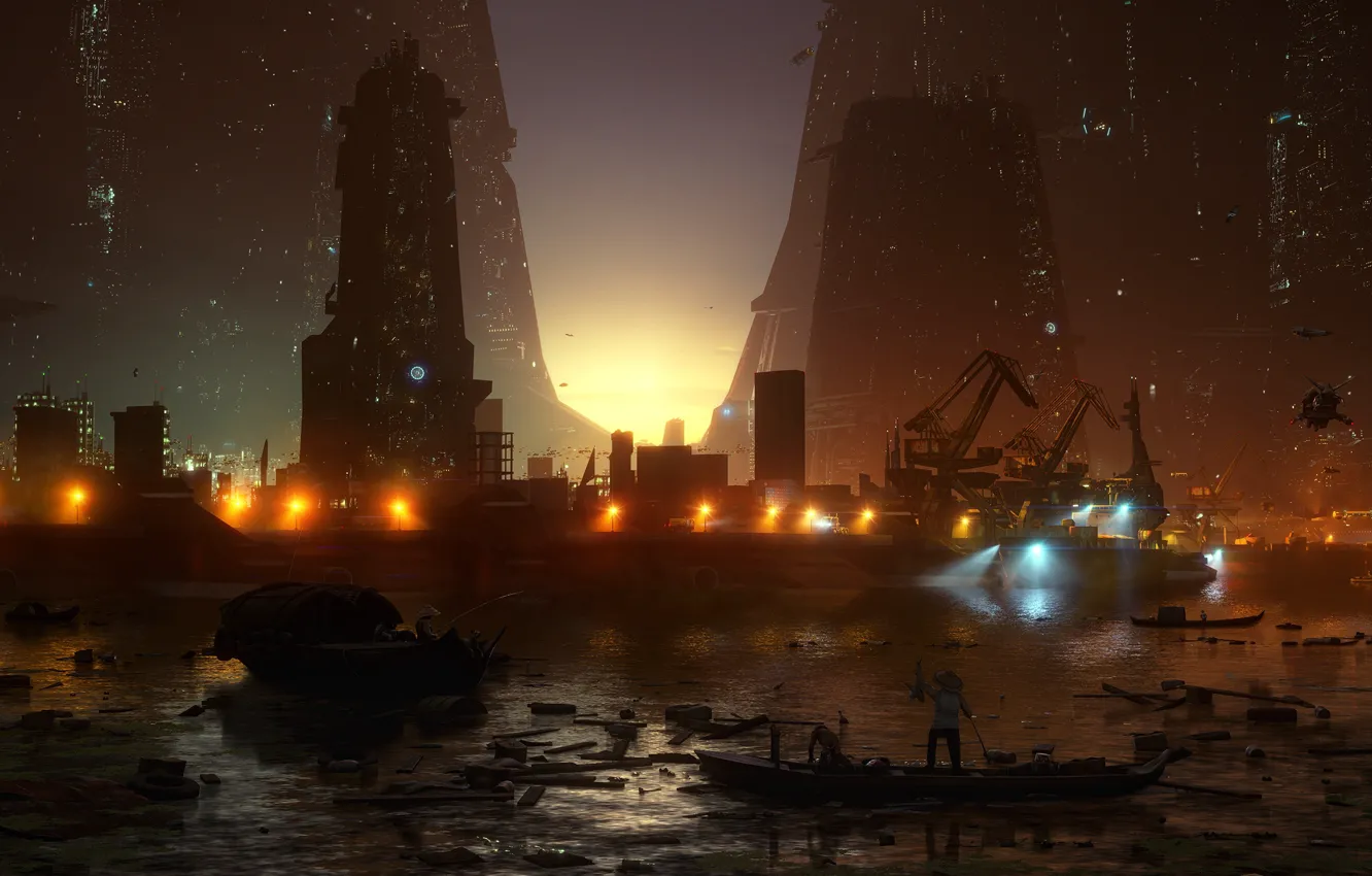 Photo wallpaper garbage, boat, pollution, construction, Morning Bay