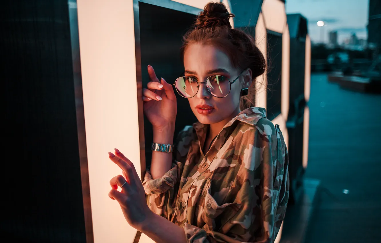 Photo wallpaper girl, night, neon, glasses