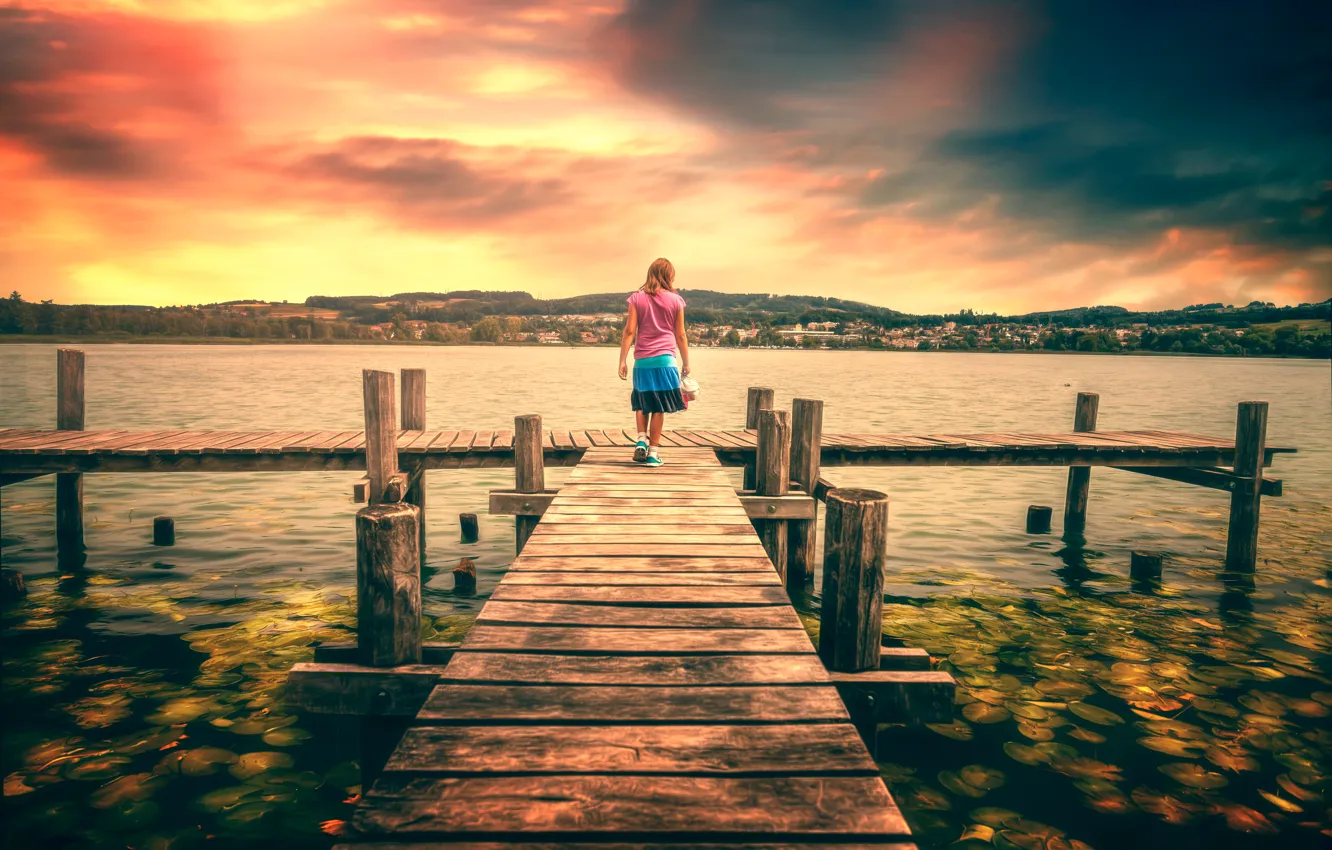 Photo wallpaper girl, lake, view, treatment, pier