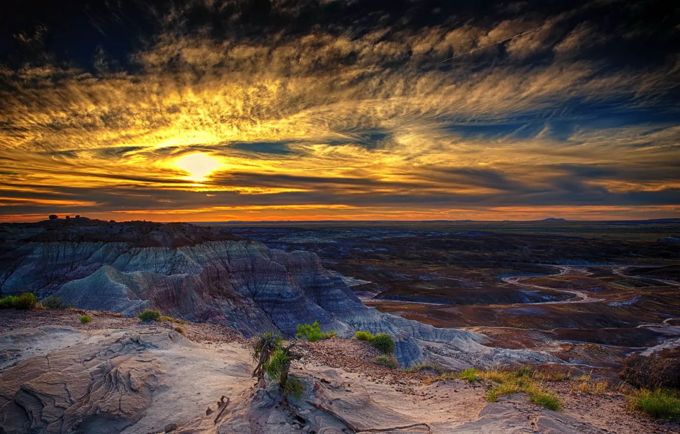 Photo wallpaper landscape, sunset, Arizona, Petrified Forrest