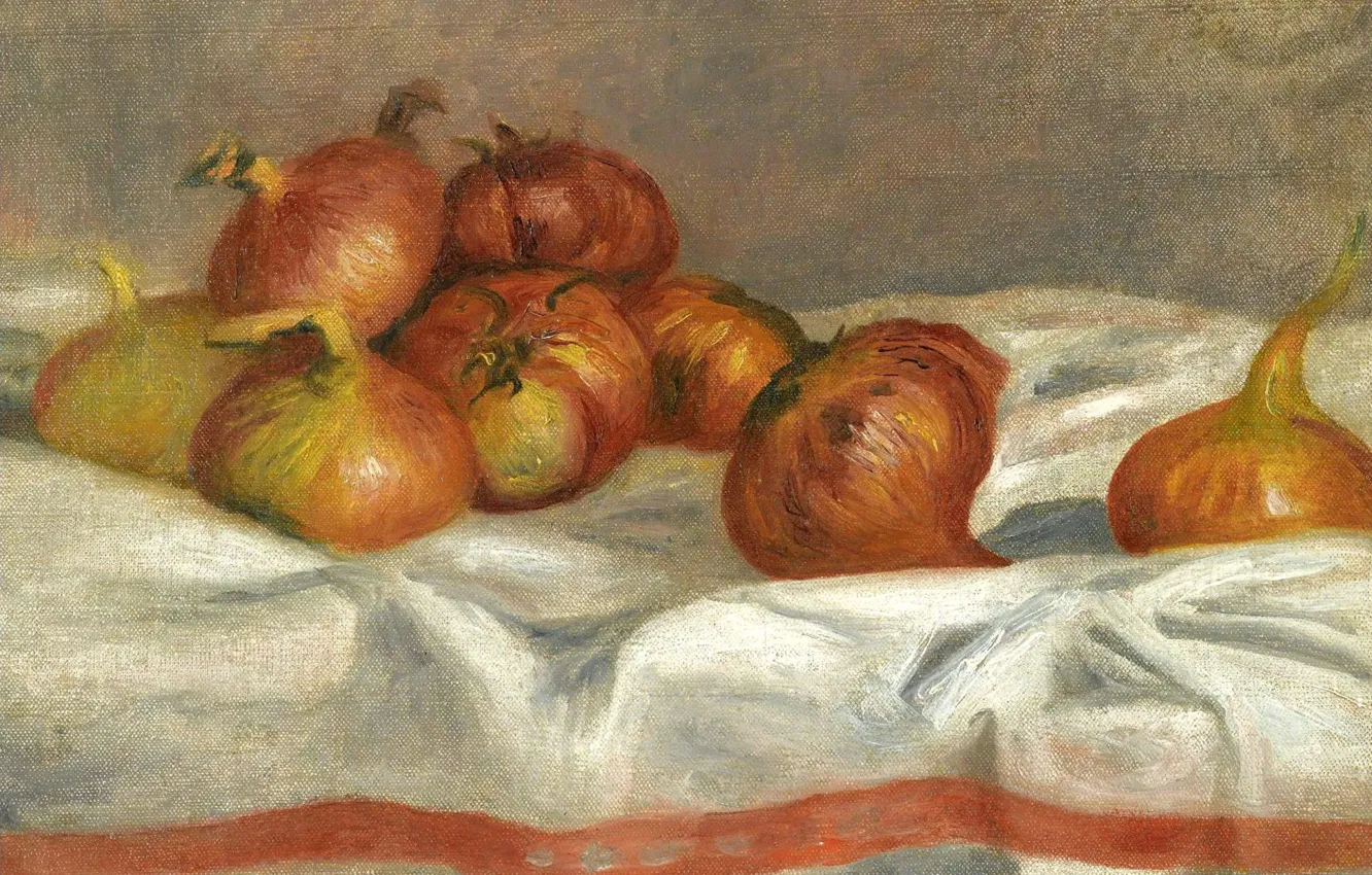 Photo wallpaper food, picture, vegetables, 1912, Pierre Auguste Renoir, Pierre Auguste Renoir, Still life with Onions and …