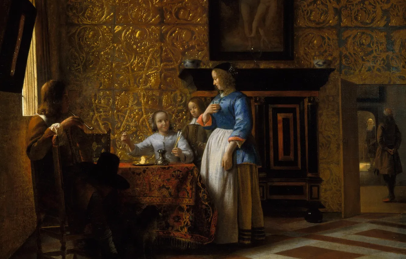 Photo wallpaper people, interior, picture, Pieter de Hooch, Free time in elegant surroundings