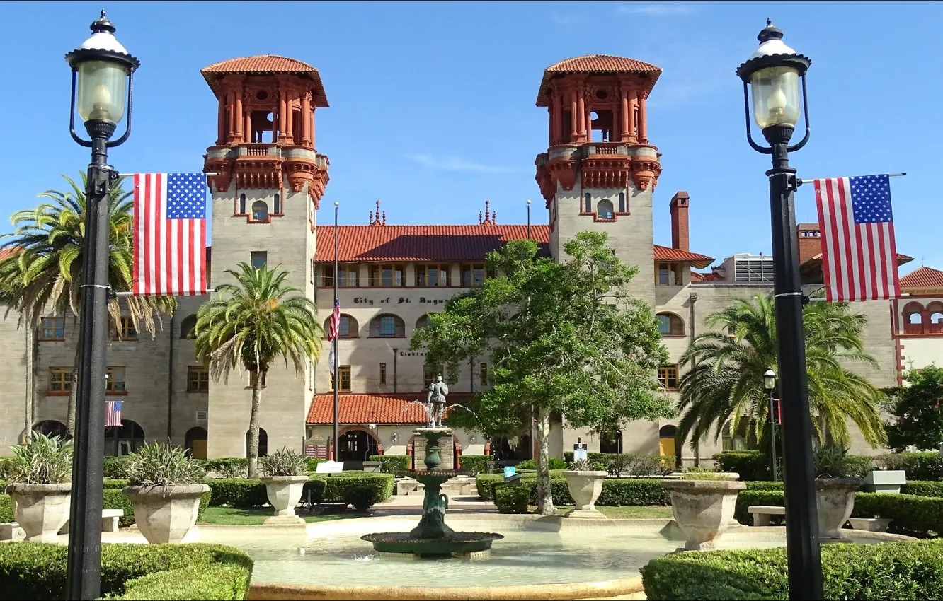 Photo wallpaper building, FL, fountain, USA, building, Florida, Fountain