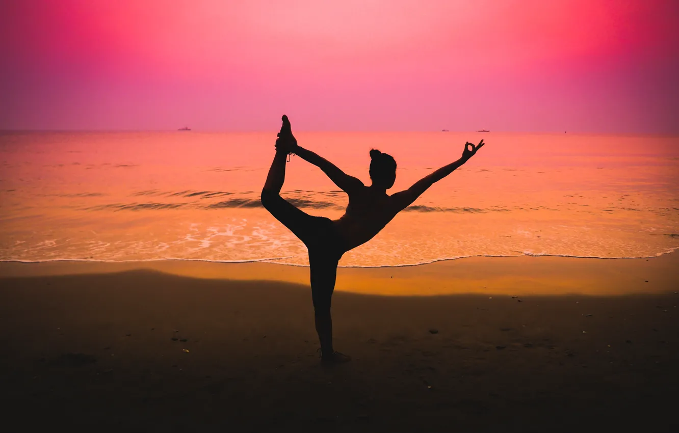 Photo wallpaper sand, sea, beach, summer, girl, sunset, pose, silhouette