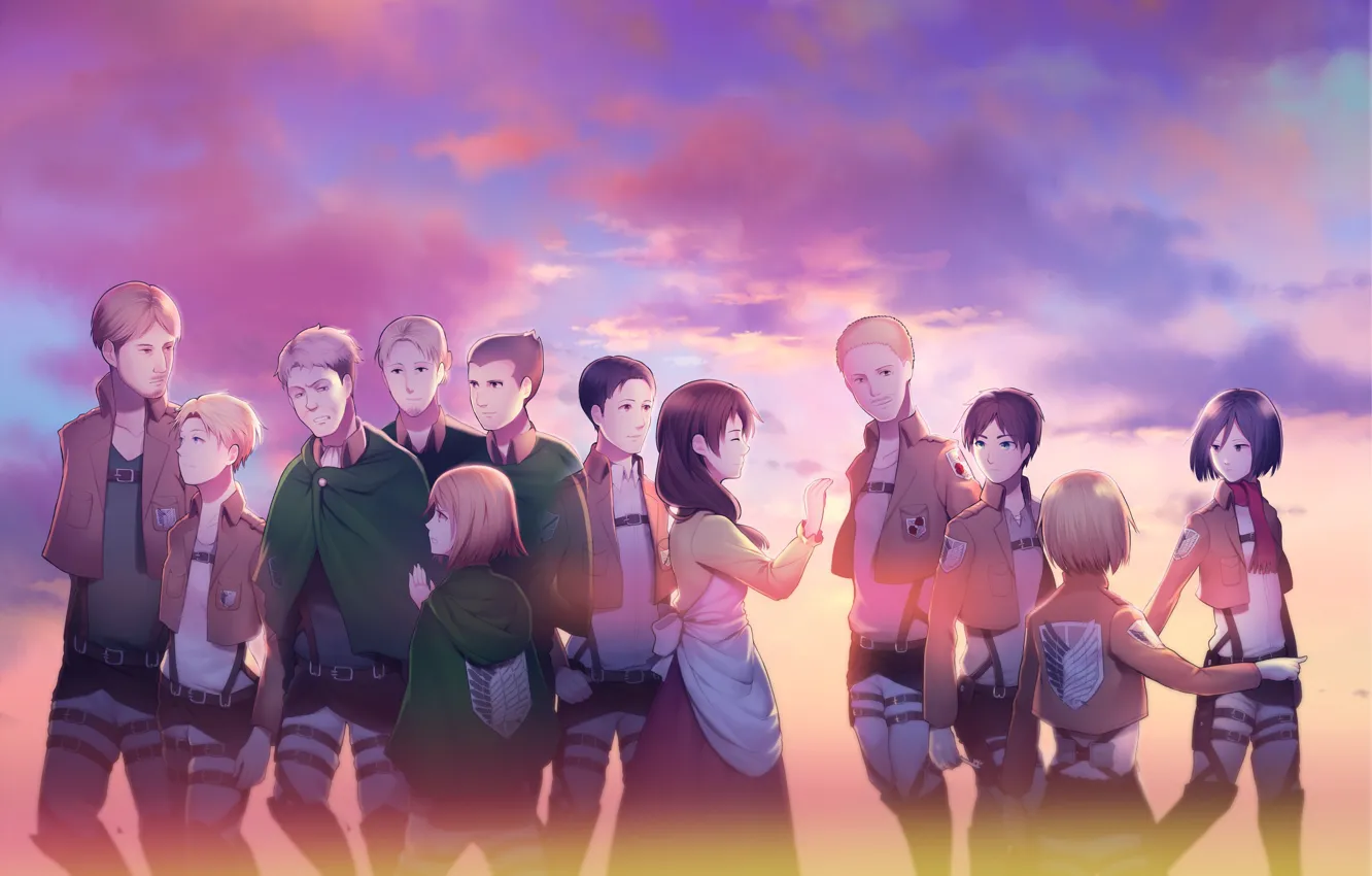 Photo wallpaper sunset, The sky, anime, art, Shingeki no Kyojin, Attack of the titans, Characters, The invasion …
