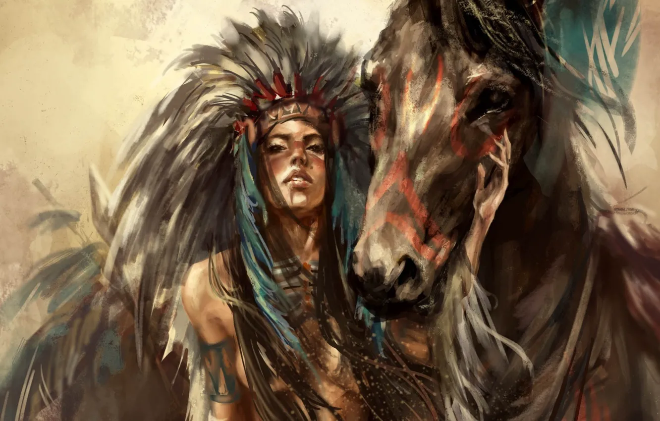 Photo wallpaper horse, feathers, spear, tattoo, art, Indian, national costume