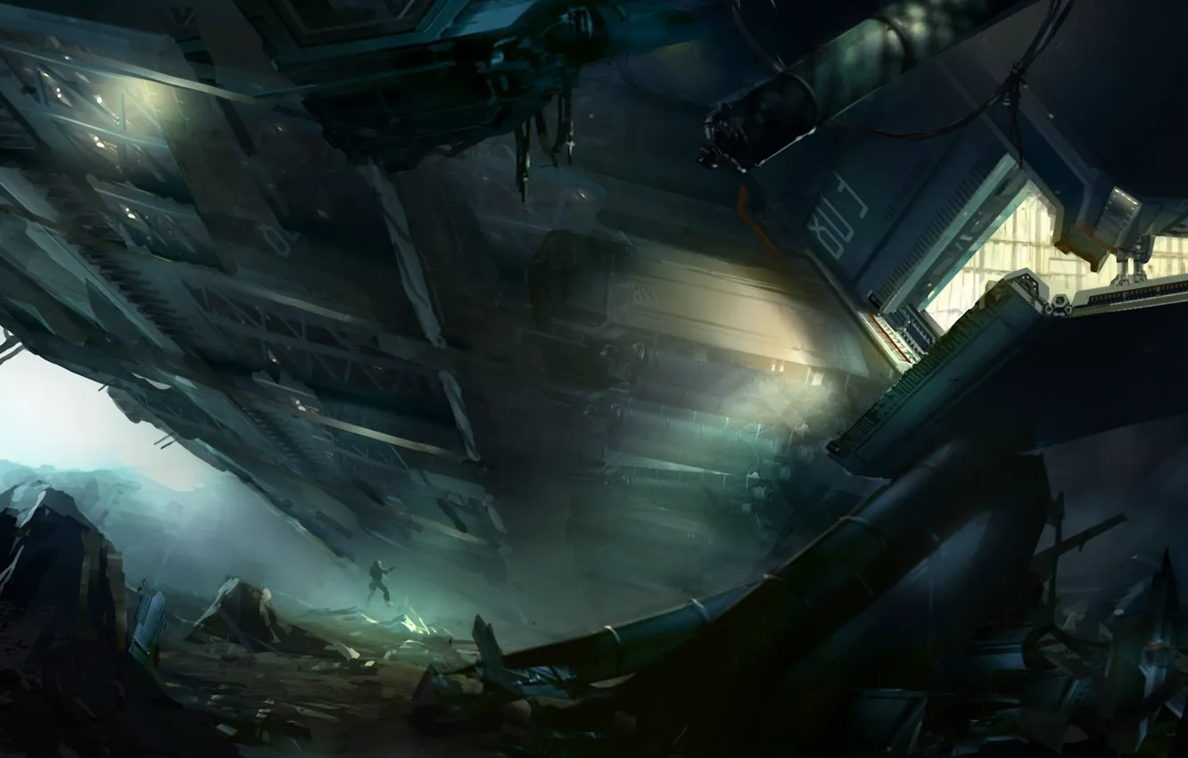 Photo wallpaper rocks, people, art, spaceship, landing