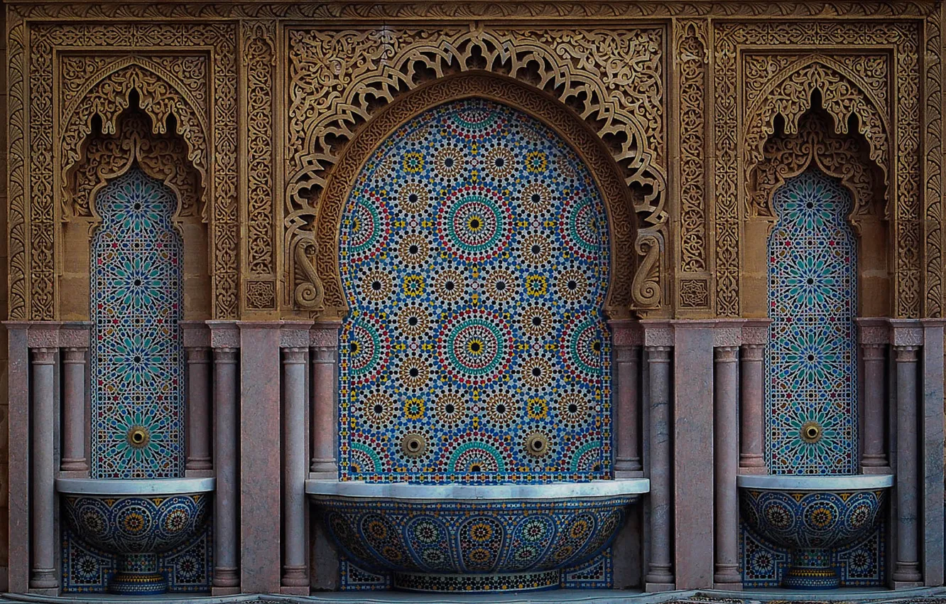 Photo wallpaper mosaic, pattern, arch, fountain, architecture, thread, marocco, Morocco