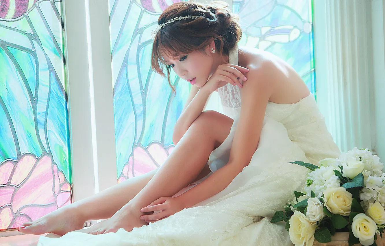 Photo wallpaper girl, flowers, face, hair, dress, window