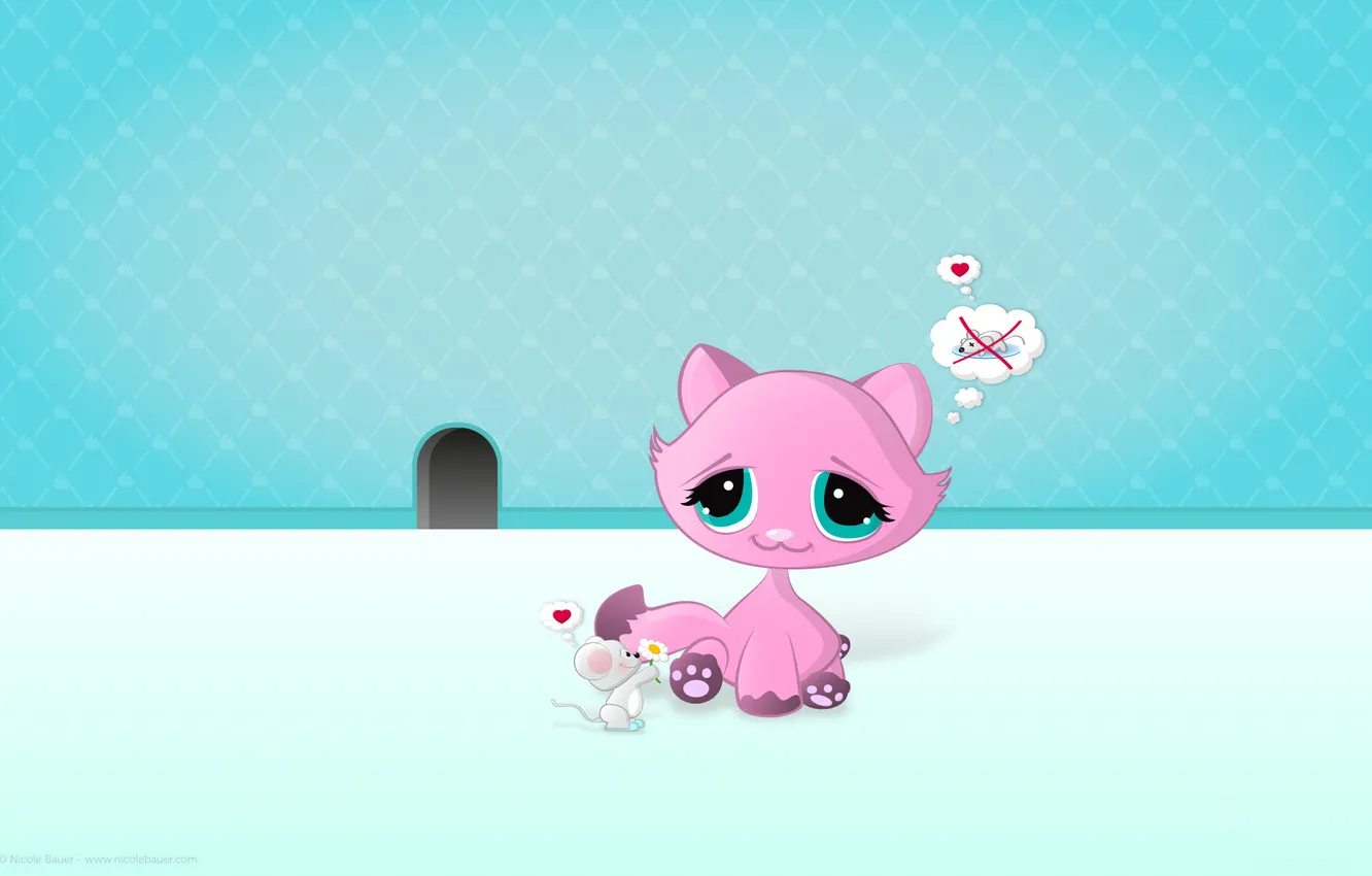 Photo wallpaper cat, flowers, mood, gift, mouse, mouse, hearts