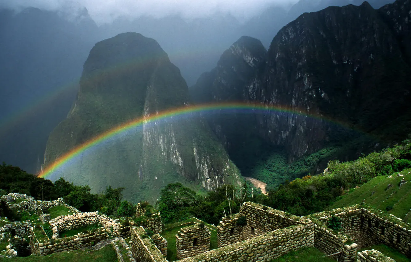 Photo wallpaper greens, landscape, mountains, nature, rainbow, rainbow, ruins, landscape