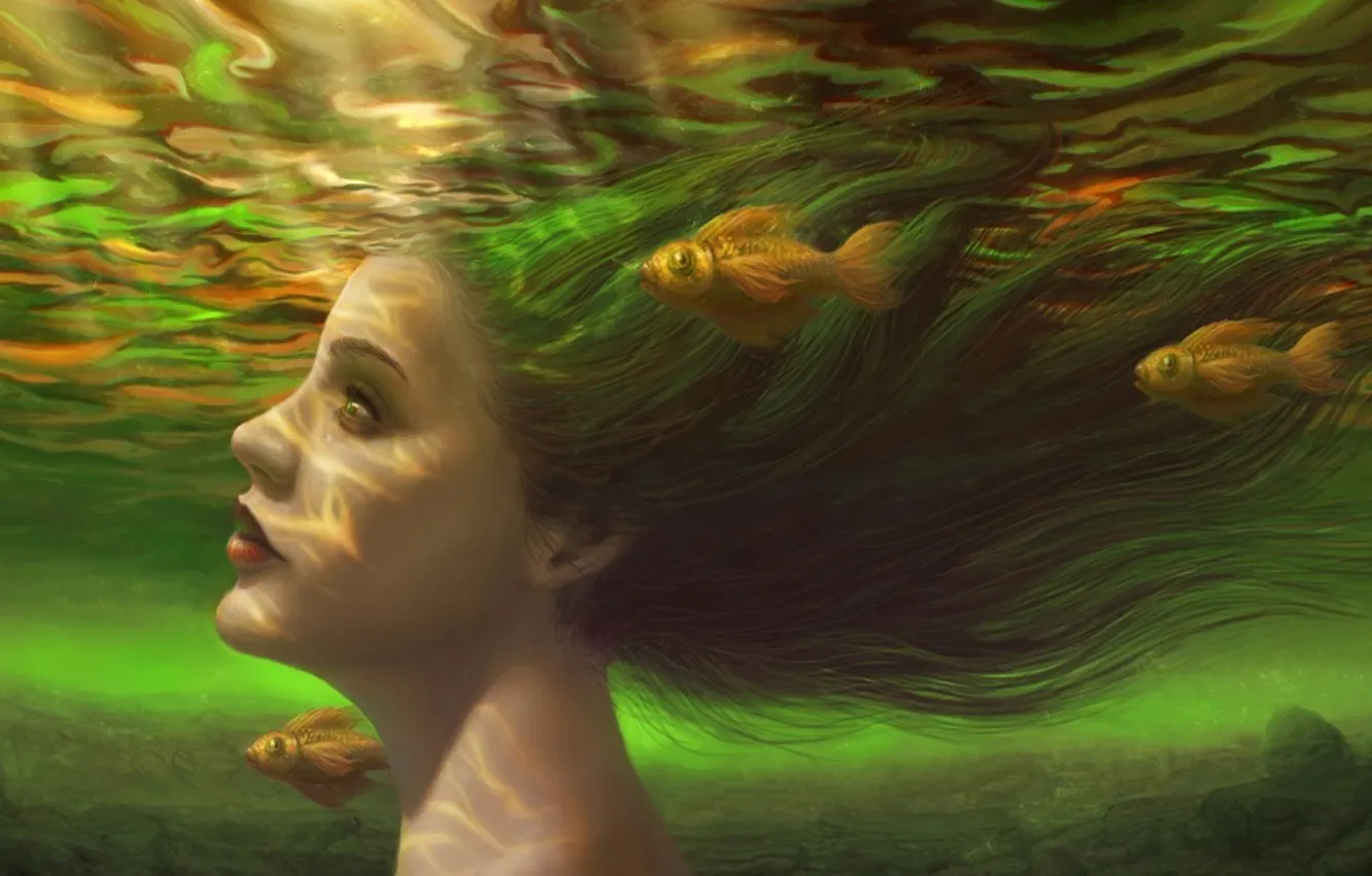Photo wallpaper girl, glare, figure, goldfish, painting, under water