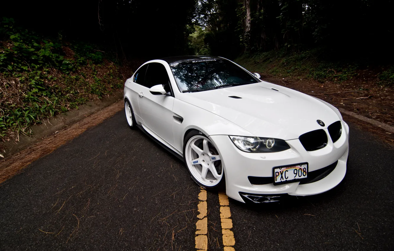 Photo wallpaper road, white, markup, bmw, BMW, coupe, the hood, white