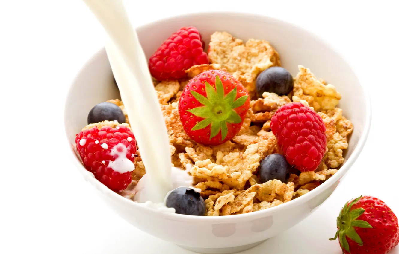 Photo wallpaper raspberry, food, Breakfast, milk, blueberries, strawberry, fruit, fruit