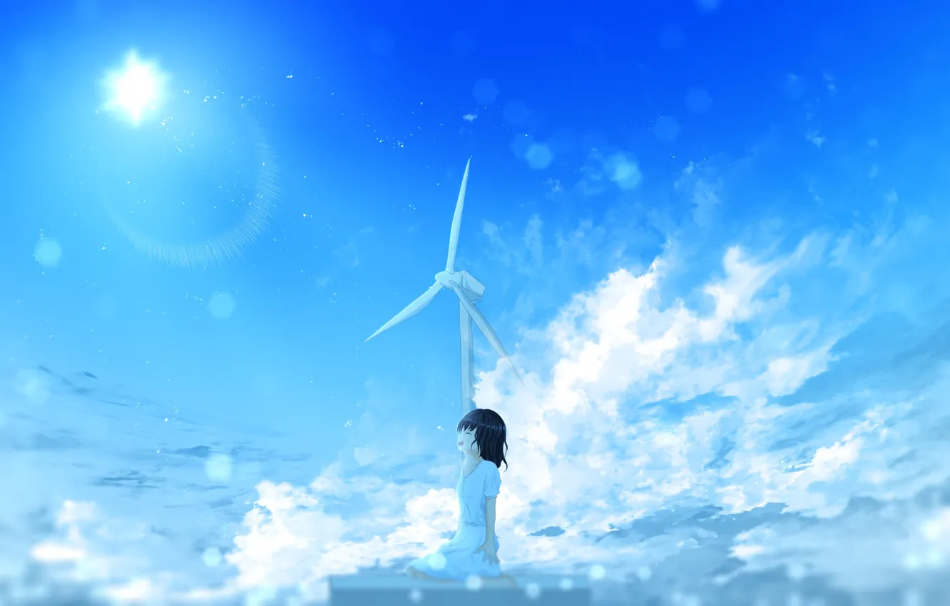 Photo wallpaper summer, the sky, the sun, windmill, girl, happy