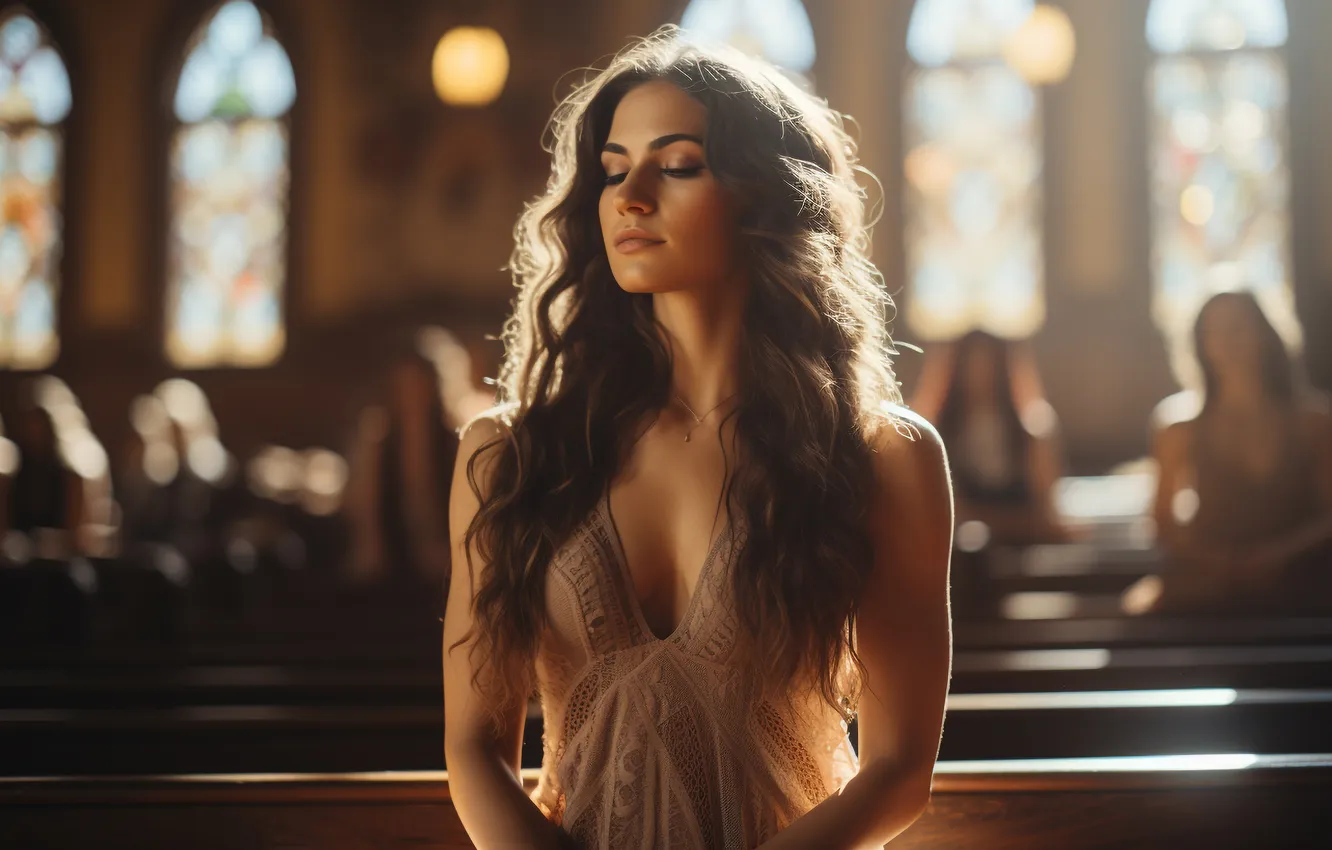 Photo wallpaper chest, girl, light, eyelashes, people, dress, brunette, window